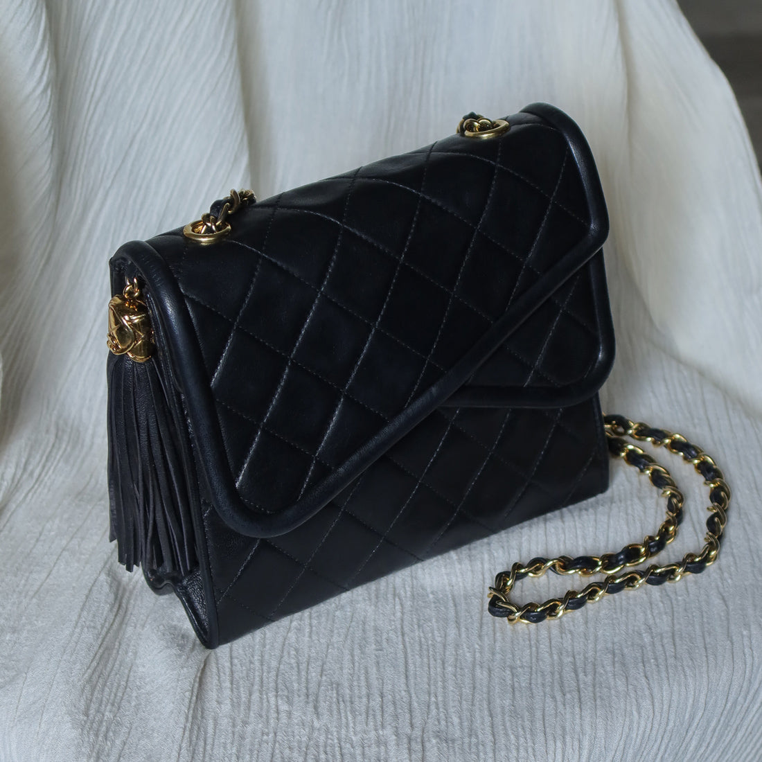 Chanel Vintage Black Lambskin Tassel Asymmetrical Double Flap Bag [3]