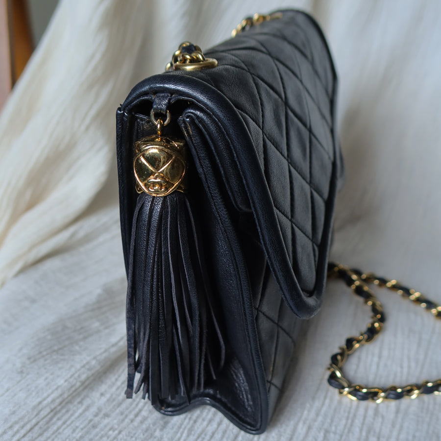 Chanel Vintage Black Lambskin Tassel Asymmetrical Double Flap Bag [3]