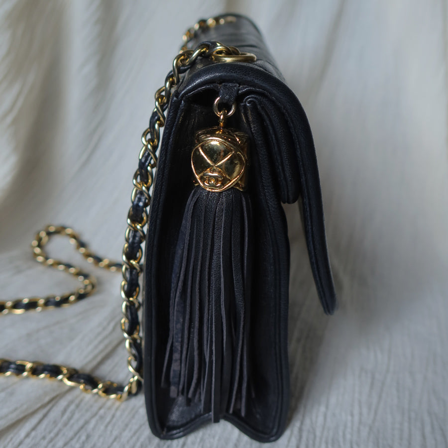 Chanel Vintage Black Lambskin Tassel Asymmetrical Double Flap Bag [3]