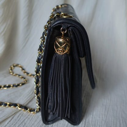 Chanel Vintage Black Lambskin Tassel Asymmetrical Double Flap Bag [3]