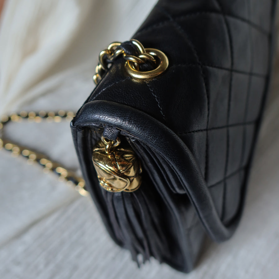 Chanel Vintage Black Lambskin Tassel Asymmetrical Double Flap Bag [3]