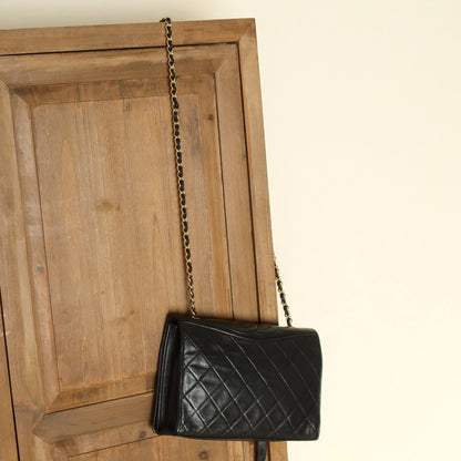 Chanel Vintage Black Lambskin Matelasse Quilted CC mark Flap Bag