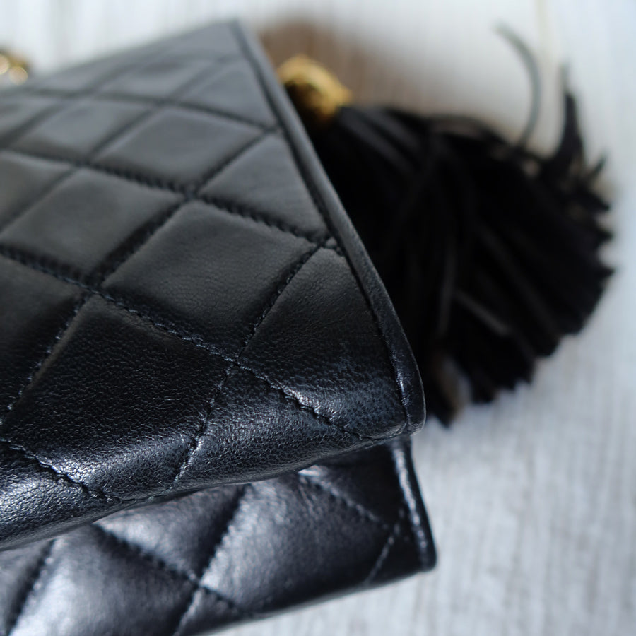 Chanel Vintage Black Lambskin Tassel Asymmetrical Double Flap Bag [3]