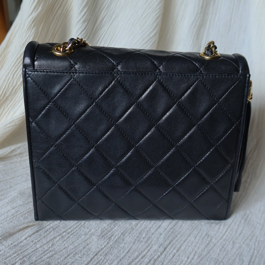 Chanel Vintage Black Lambskin Tassel Asymmetrical Double Flap Bag [3]