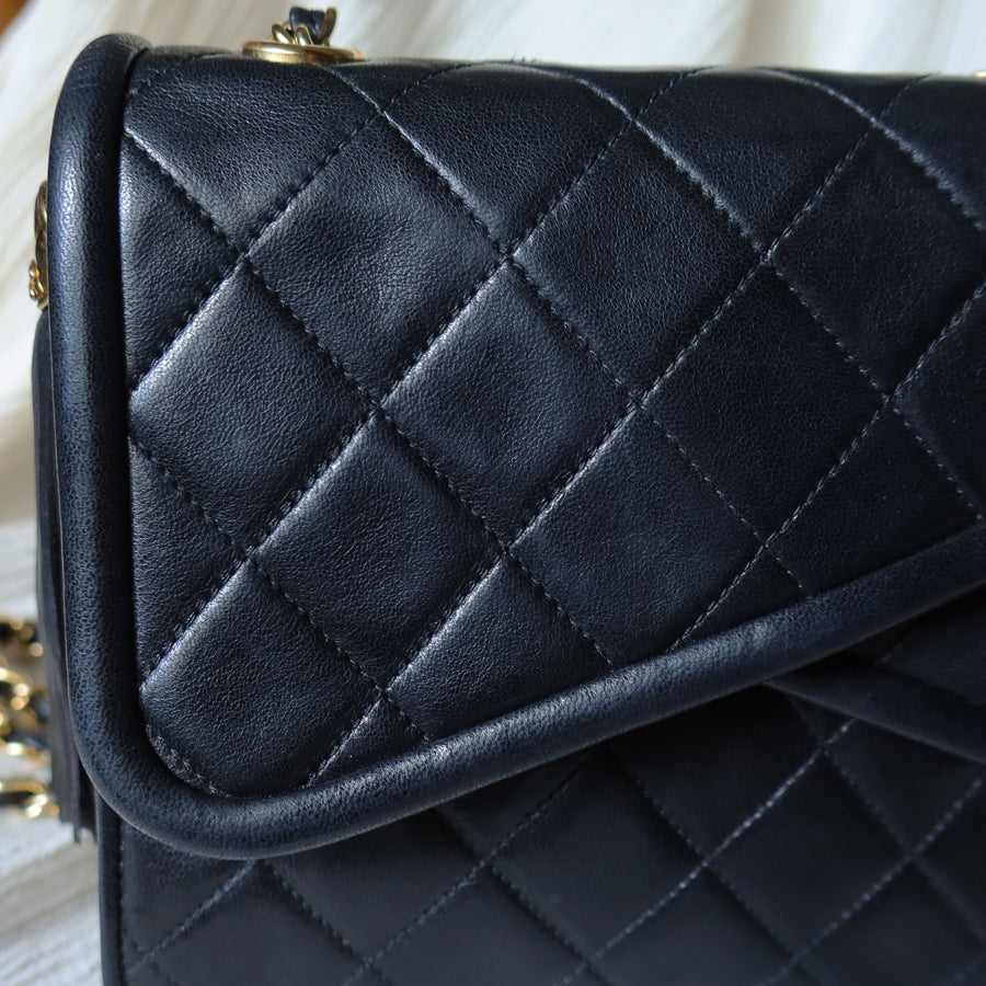 Chanel Vintage Black Lambskin Tassel Asymmetrical Double Flap Bag [3]