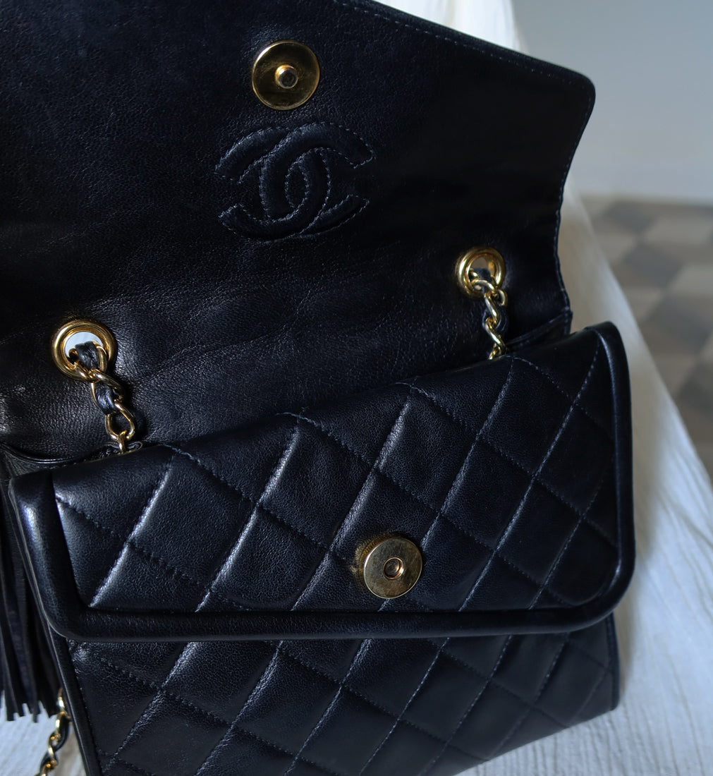 Chanel Vintage Black Lambskin Tassel Asymmetrical Double Flap Bag [3]