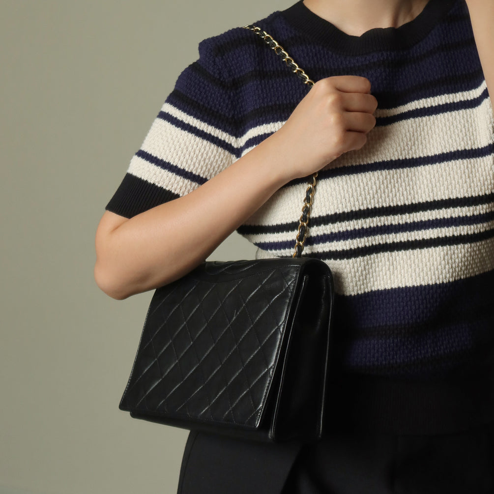 Chanel Vintage Black Lambskin Matelasse Quilted CC mark Flap Bag
