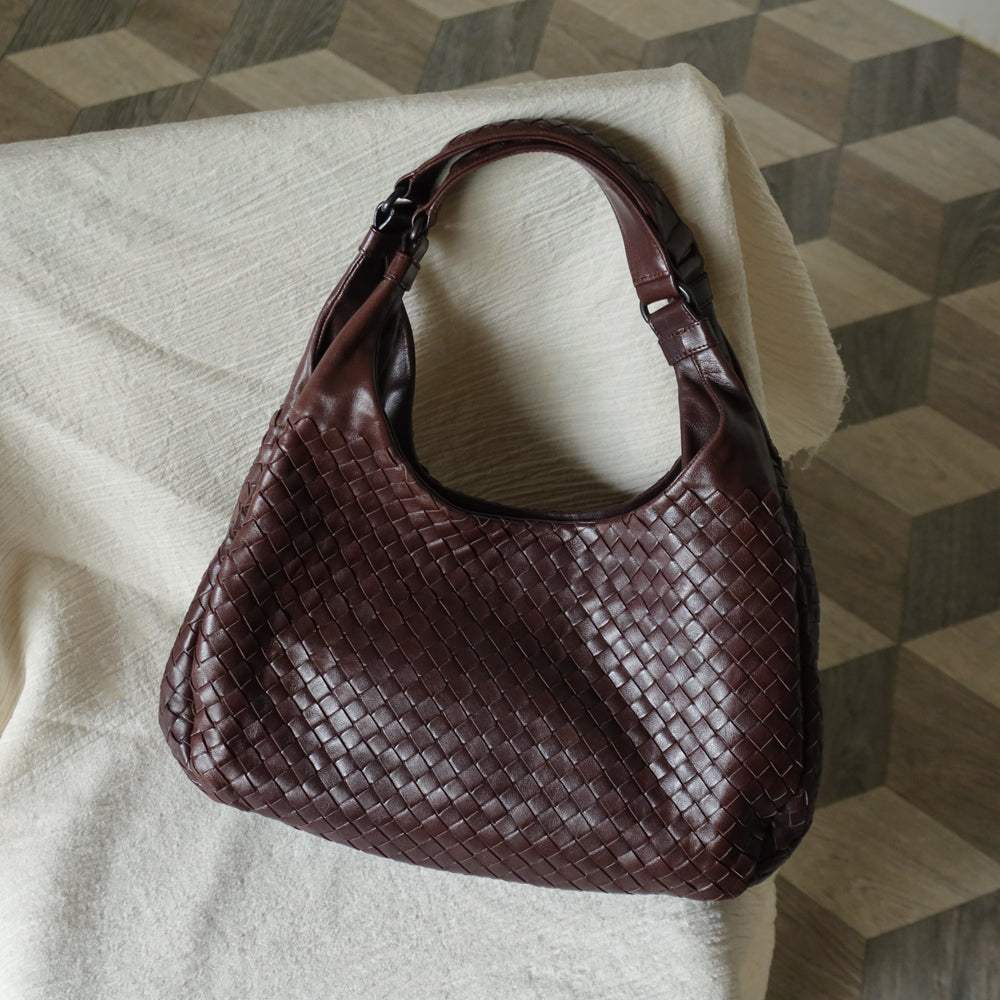 Bottega Veneta Vintage Dark Brown Intrecciato Campana Hobo Shoulder Bag M2