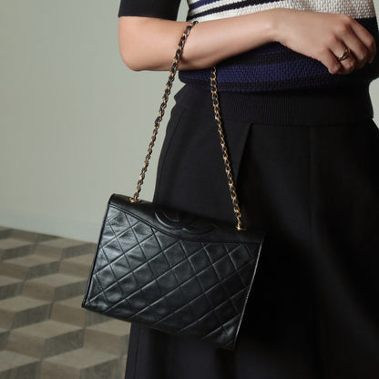 Chanel Vintage Black Lambskin Matelasse Quilted CC mark Flap Bag