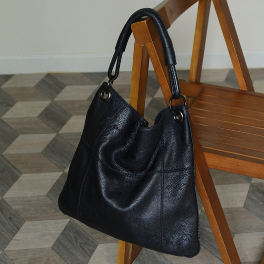 Bottega Veneta Vintage Black Grained Leather Cross Stitching Shoulder Bag