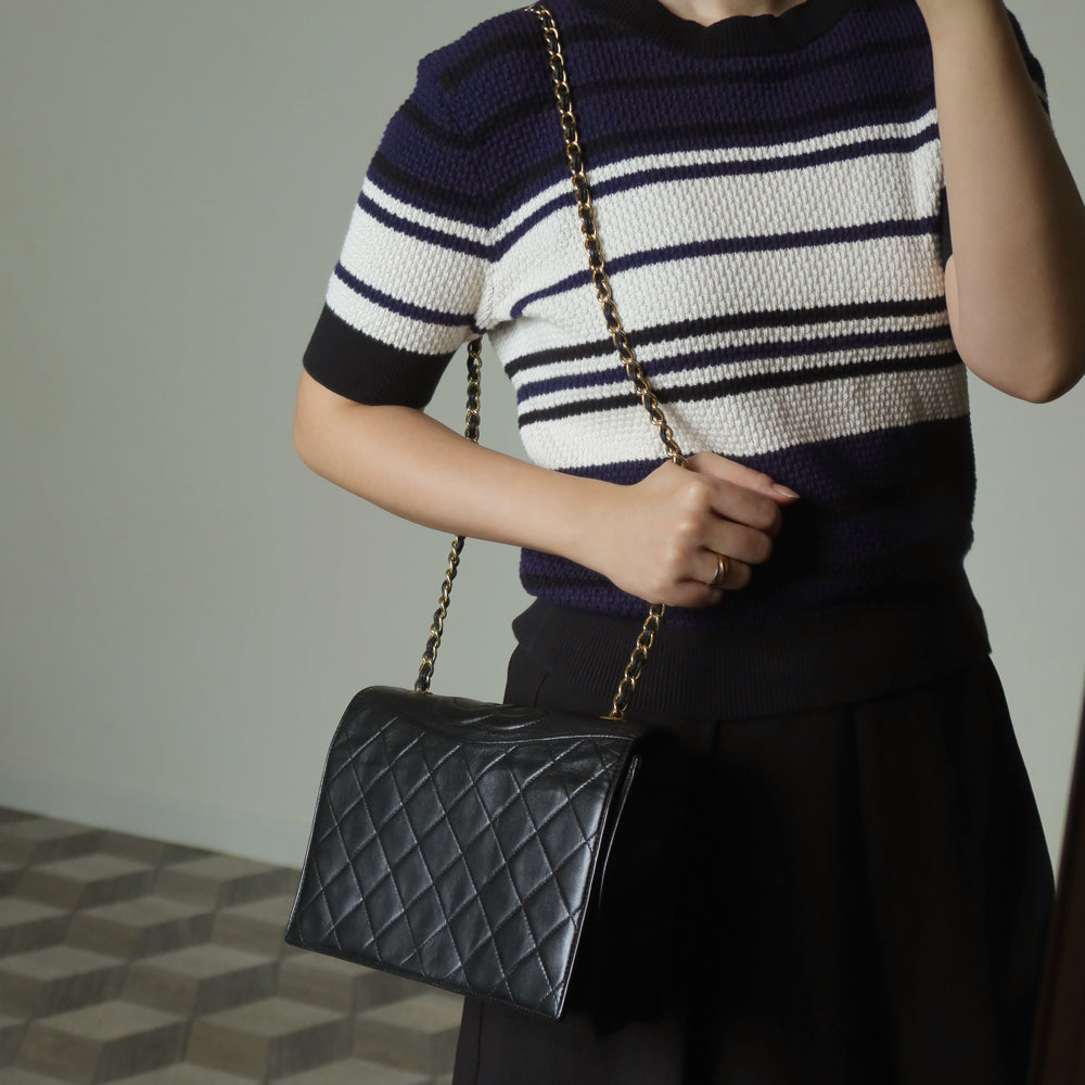 Chanel Vintage Black Lambskin Matelasse Quilted CC mark Flap Bag