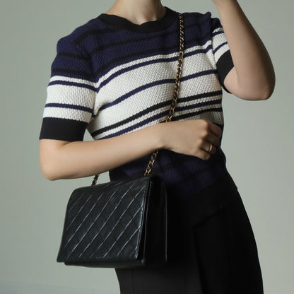 Chanel Vintage Black Lambskin Matelasse Quilted CC mark Flap Bag