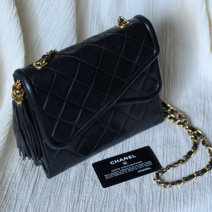 Chanel Vintage Black Lambskin Tassel Asymmetrical Double Flap Bag [3]