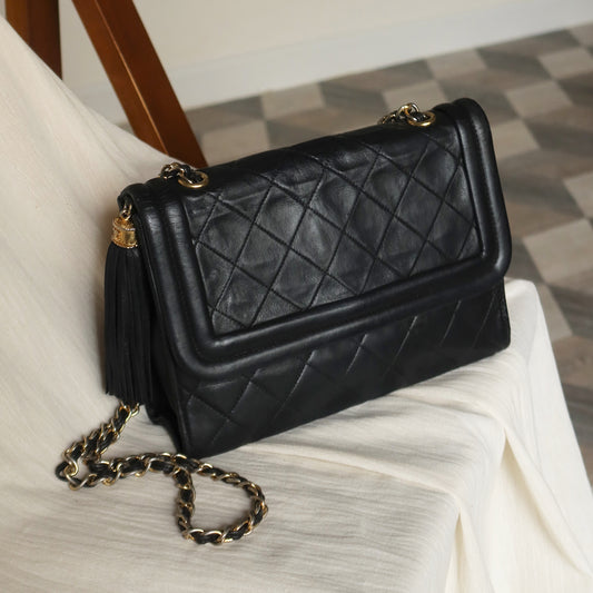 Chanel Vintage Gold Chain Tassel Black Lambskin Flap Bag