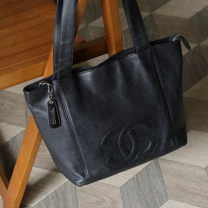 Chanel Vintage Black Caviar Leather CC mark Zipper charm Shoulder Tote Bag