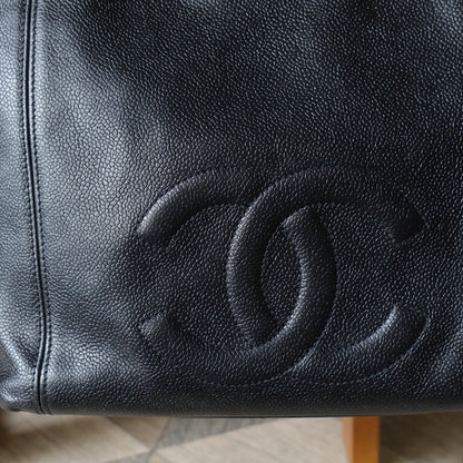 Chanel Vintage Black Caviar Leather CC mark Zipper charm Shoulder Tote Bag
