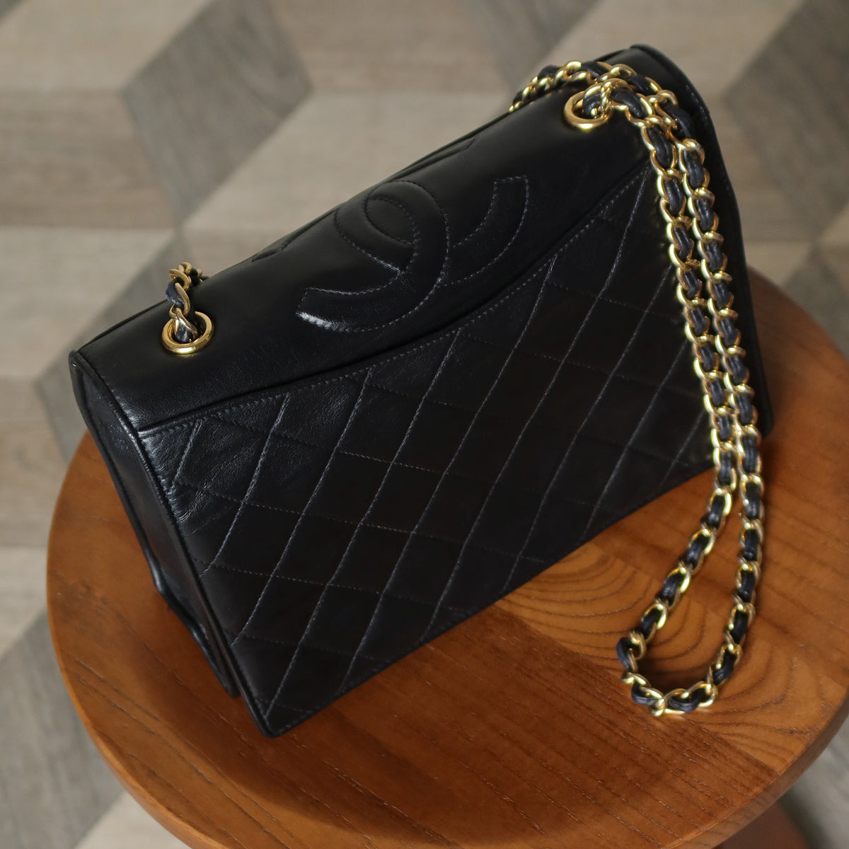 Chanel Vintage Black Lambskin Matelasse Quilted CC mark Flap Bag