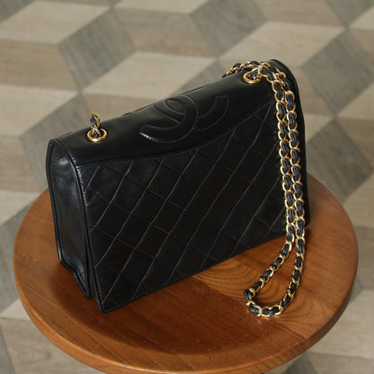 Chanel Vintage Black Lambskin Matelasse Quilted CC mark Flap Bag