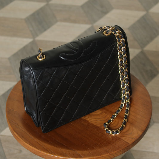 Chanel Vintage Black Lambskin Matelasse Quilted CC mark Flap Bag