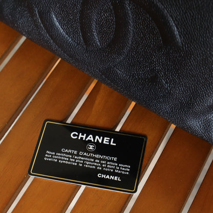 Chanel Vintage Black Caviar Leather CC mark Zipper charm Shoulder Tote Bag