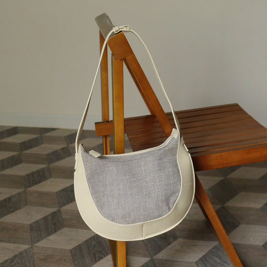 Loewe Vintage Gray Ivory Mixed Leather Canvas Half-moon Shoulder Bag