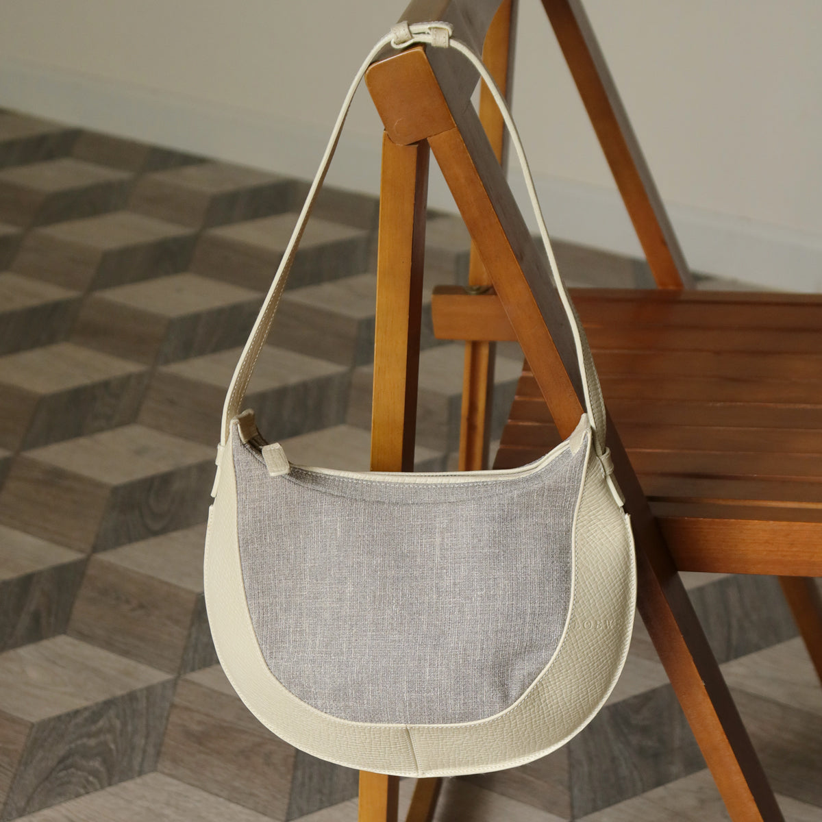 Loewe Vintage Gray Ivory Mixed Leather Canvas Half-moon Shoulder Bag