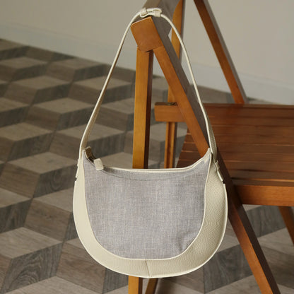 Loewe Vintage Gray Ivory Mixed Leather Canvas Half-moon Shoulder Bag