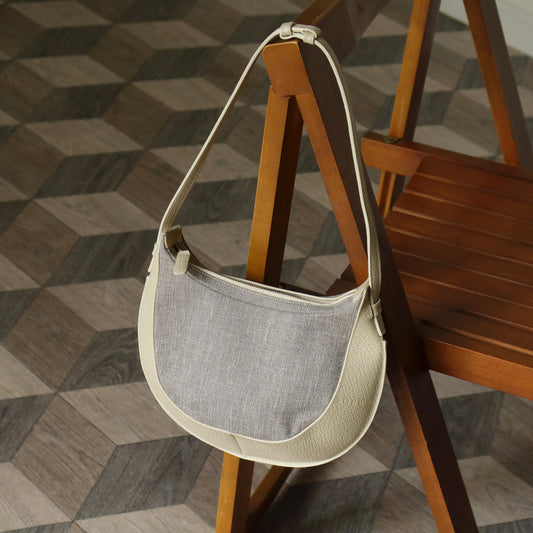 Loewe Vintage Gray Ivory Mixed Leather Canvas Half-moon Shoulder Bag
