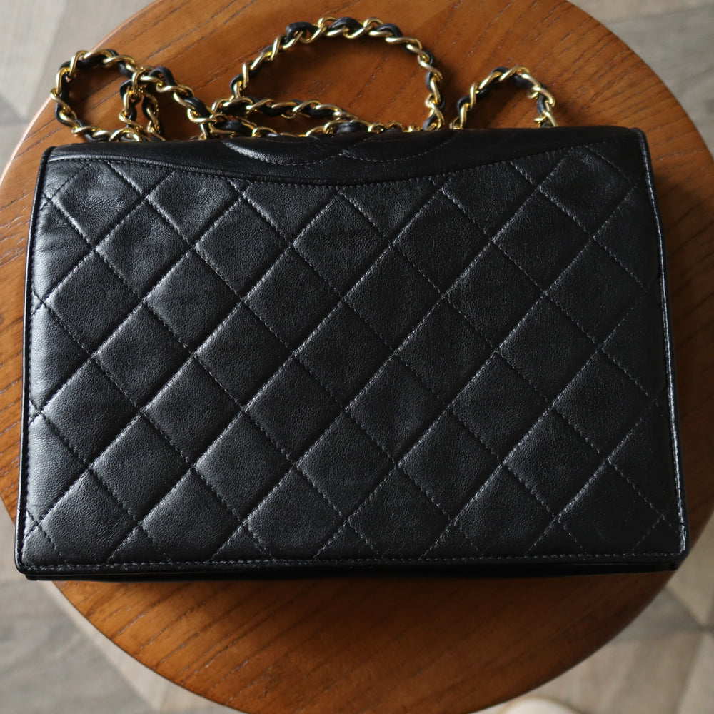 Chanel Vintage Black Lambskin Matelasse Quilted CC mark Flap Bag