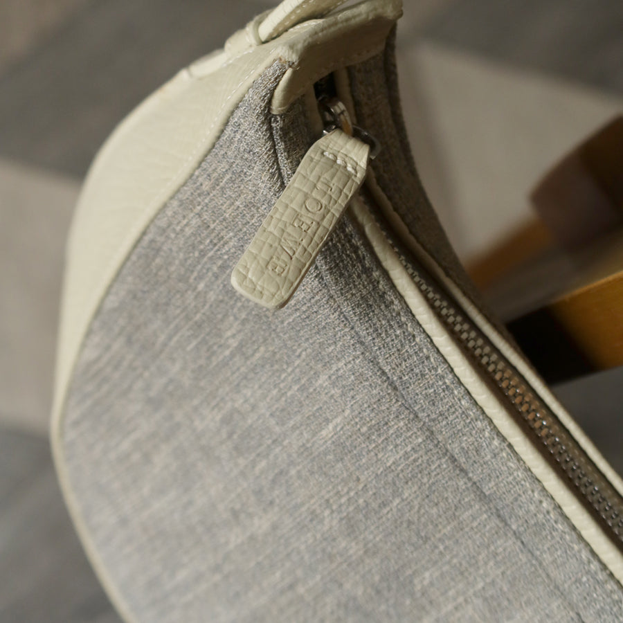 Loewe Vintage Gray Ivory Mixed Leather Canvas Half-moon Shoulder Bag