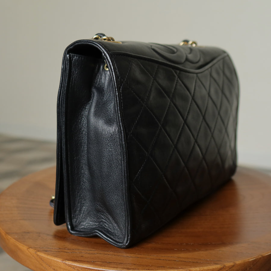 Chanel Vintage Black Lambskin Matelasse Quilted CC mark Flap Bag