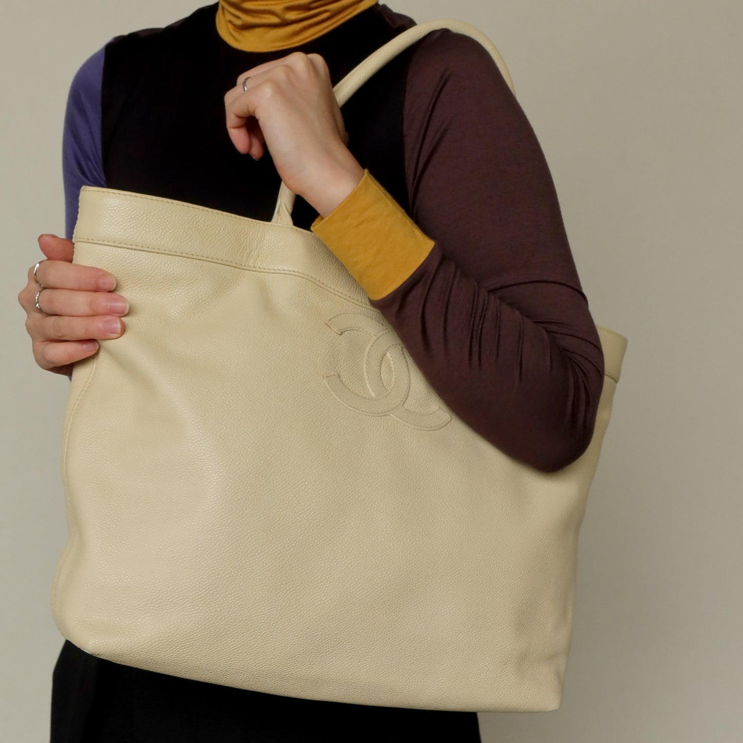 Chanel Vintage Caviar Leather Beige Tote Bag