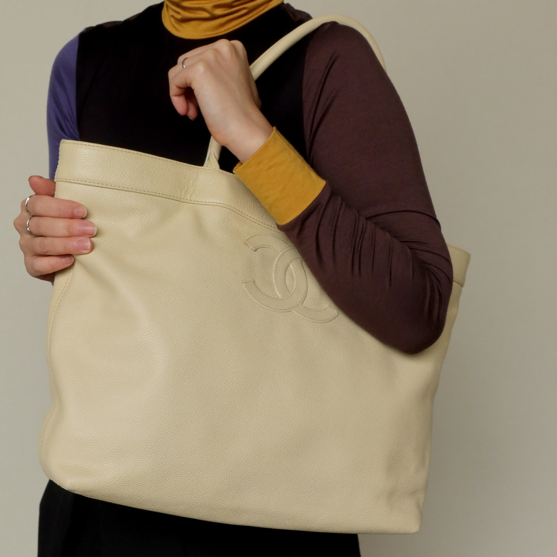 Chanel Vintage Caviar Leather Beige Tote Bag