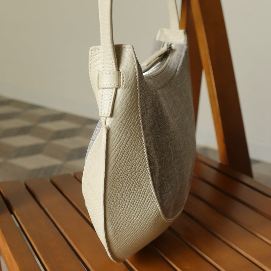 Loewe Vintage Gray Ivory Mixed Leather Canvas Half-moon Shoulder Bag