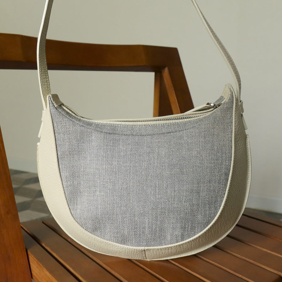 Loewe Vintage Gray Ivory Mixed Leather Canvas Half-moon Shoulder Bag