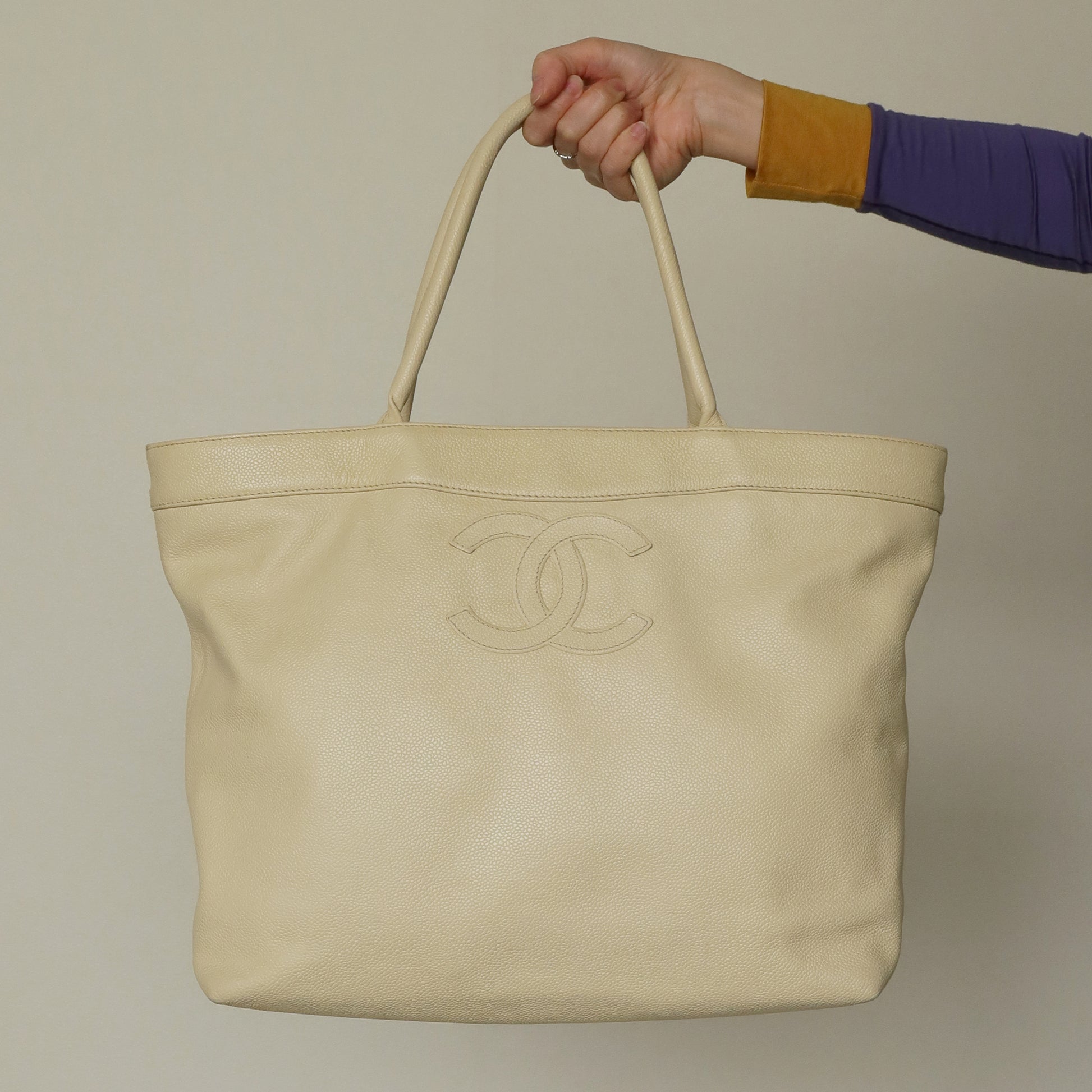 Chanel Vintage Caviar Leather Beige Tote Bag