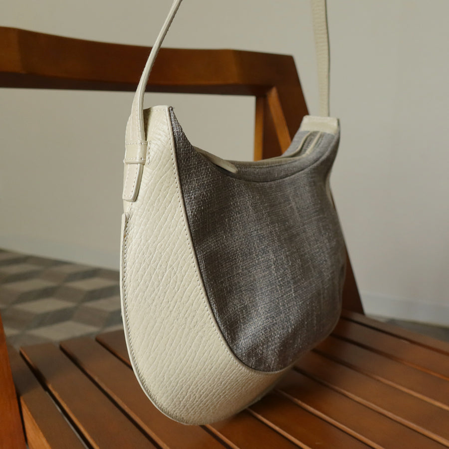 Loewe Vintage Gray Ivory Mixed Leather Canvas Half-moon Shoulder Bag