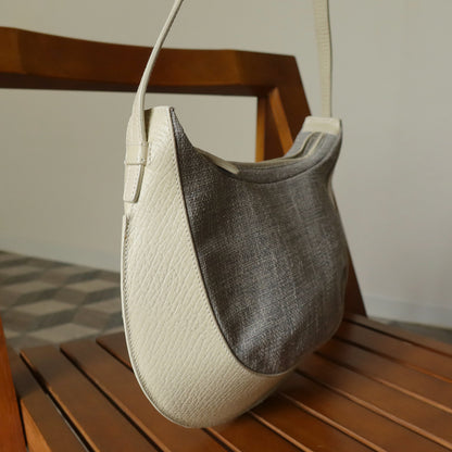 Loewe Vintage Gray Ivory Mixed Leather Canvas Half-moon Shoulder Bag