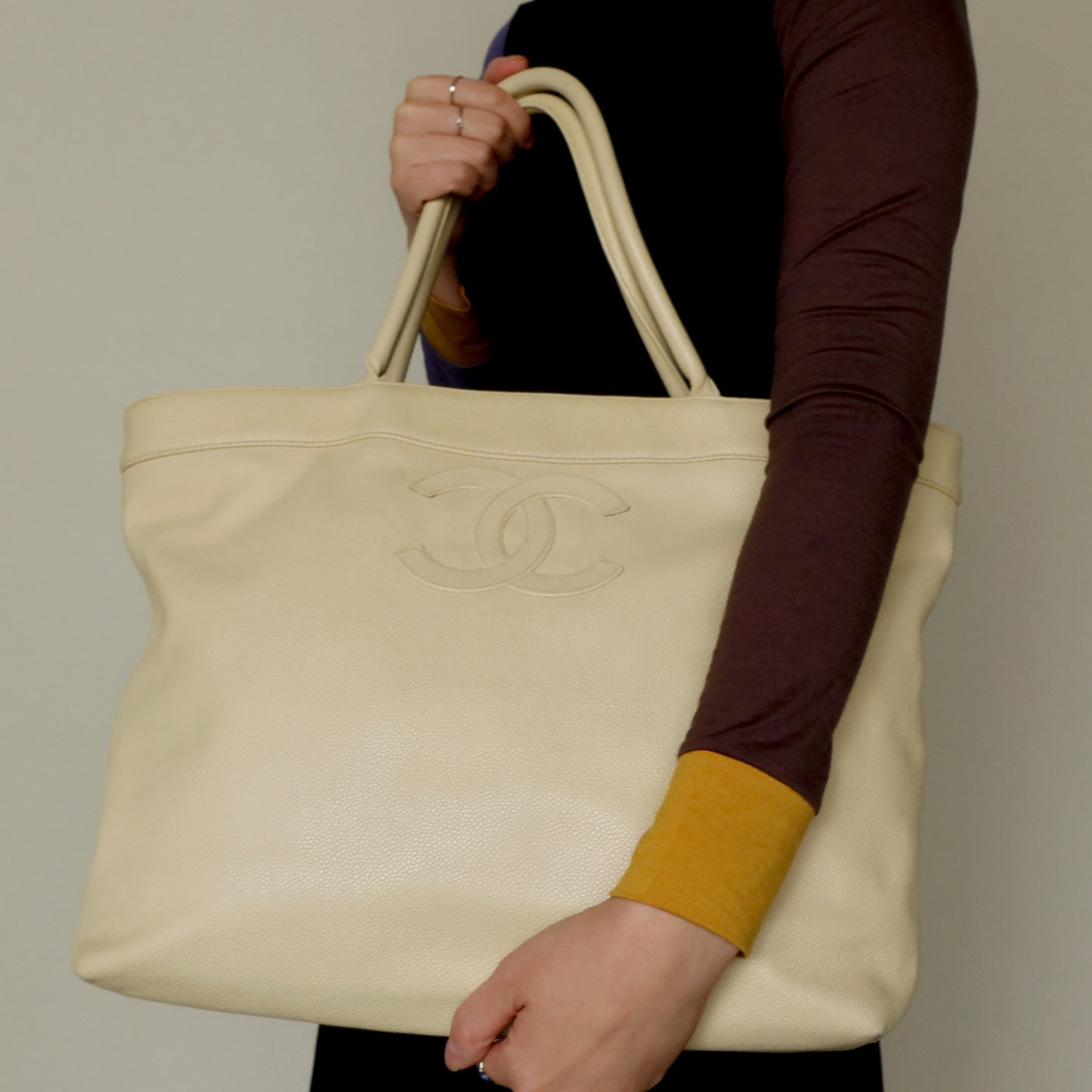 Chanel Vintage Caviar Leather Beige Tote Bag