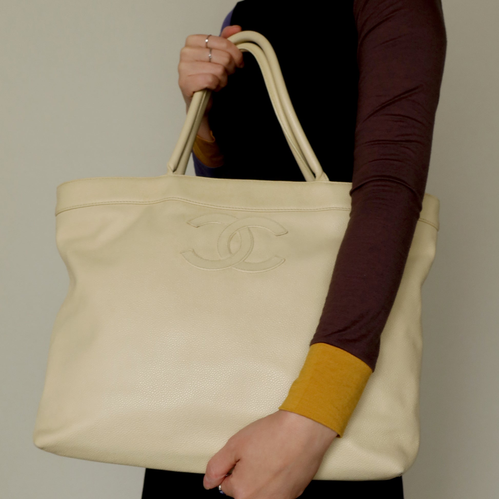 Chanel Vintage Caviar Leather Beige Tote Bag