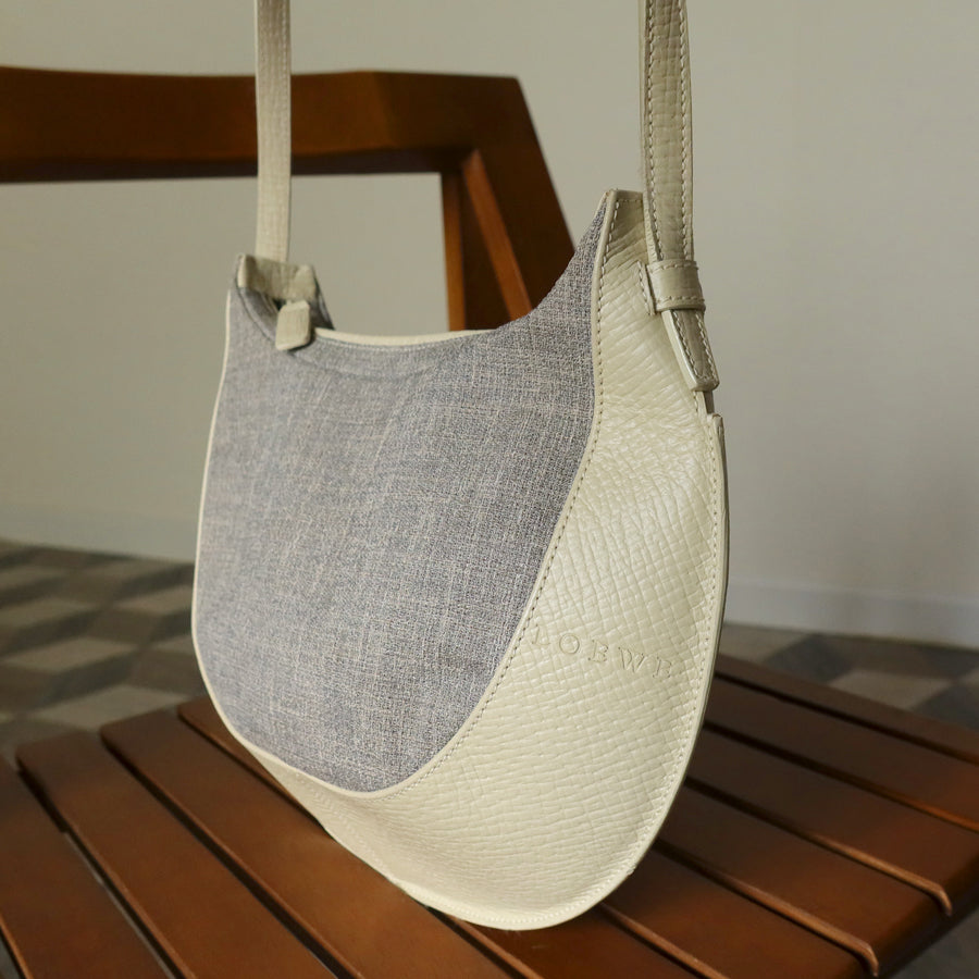 Loewe Vintage Gray Ivory Mixed Leather Canvas Half-moon Shoulder Bag