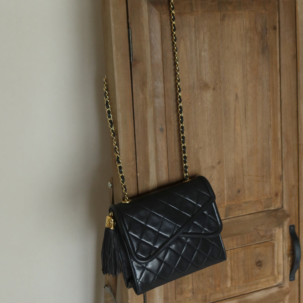 Chanel Vintage Black Lambskin Tassel Asymmetrical Double Flap Bag [3]