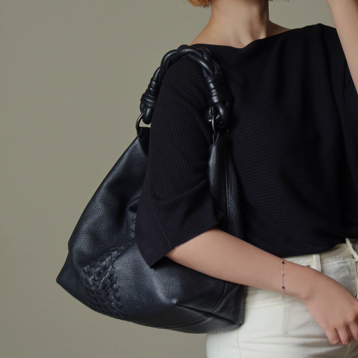 Bottega Veneta Vintage Black Intrecciato Leather Twisted Strap Hobo Shoulder Bag