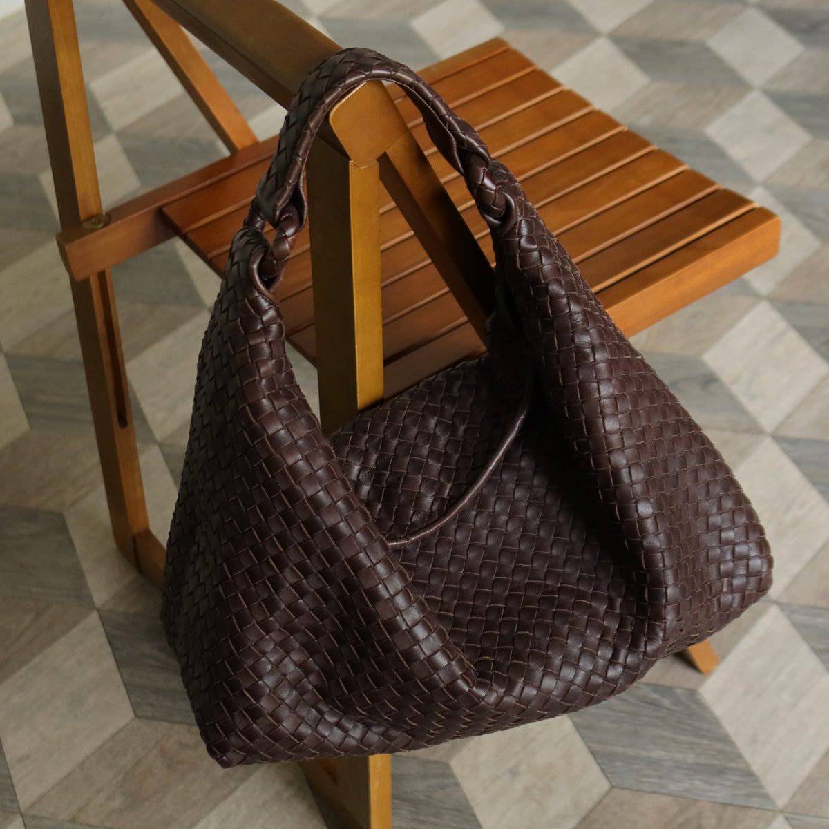 Bottega Veneta Vintage Dark Brown Intrecciato Flap Hobo Shoulder Bag