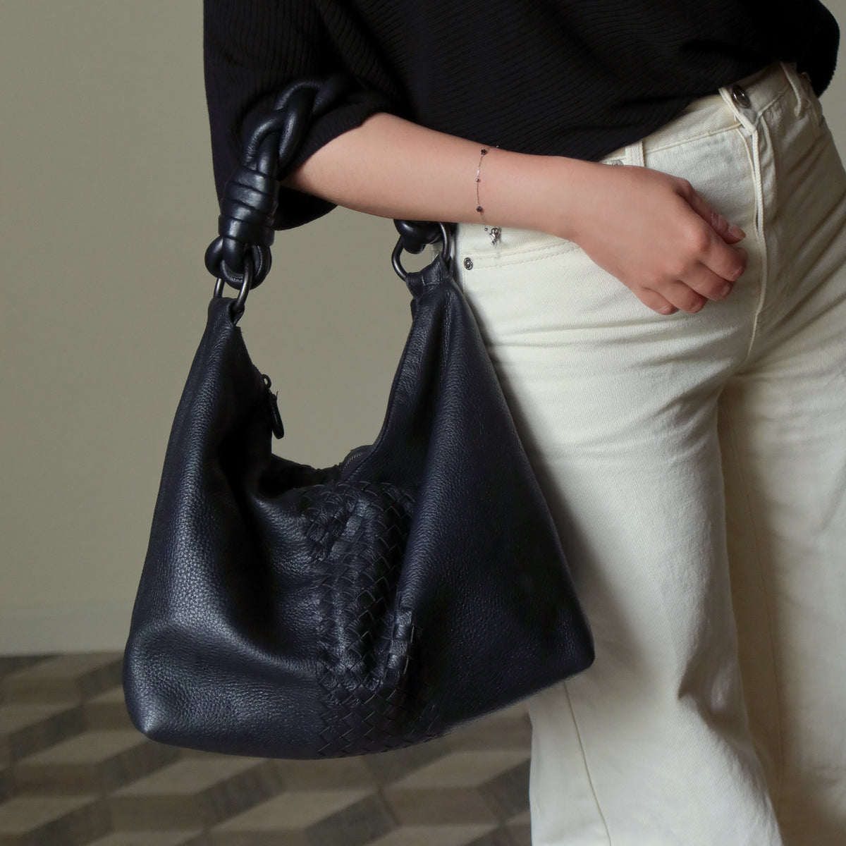 Bottega Veneta Vintage Black Intrecciato Leather Twisted Strap Hobo Shoulder Bag