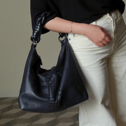 Bottega Veneta Vintage Black Intrecciato Leather Twisted Strap Hobo Shoulder Bag