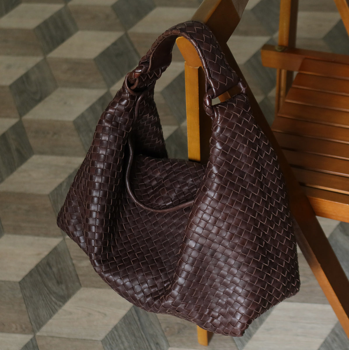 Bottega Veneta Vintage Dark Brown Intrecciato Flap Hobo Shoulder Bag