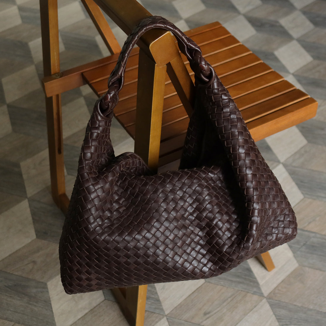 Bottega Veneta Vintage Dark Brown Intrecciato Flap Hobo Shoulder Bag