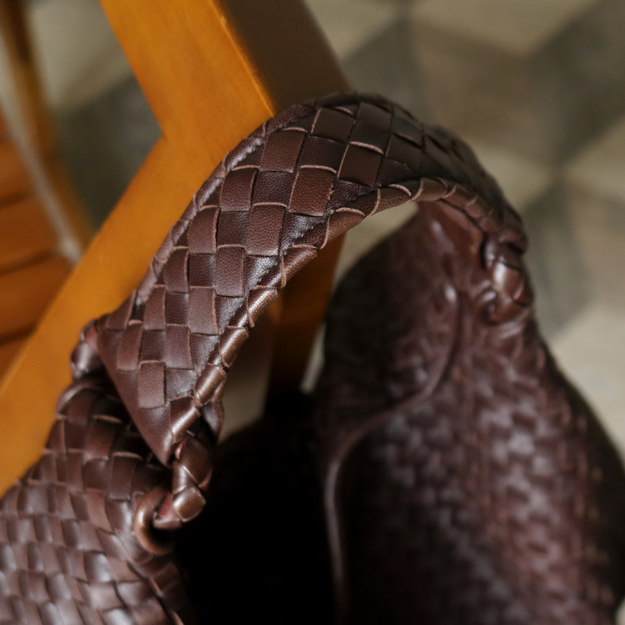 Bottega Veneta Vintage Dark Brown Intrecciato Flap Hobo Shoulder Bag