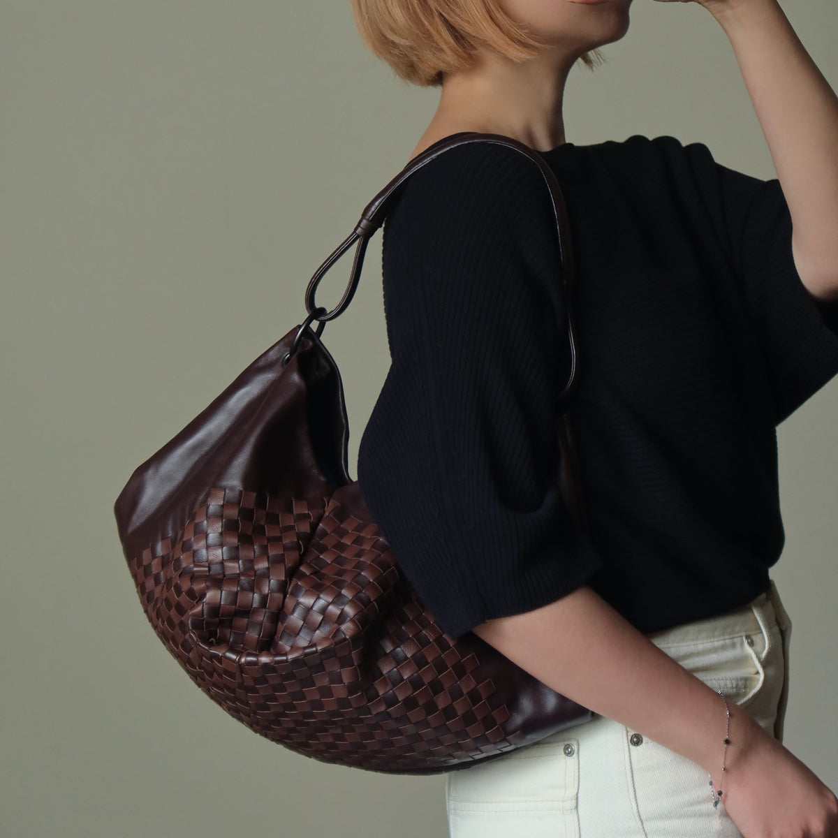 Rare Bottega Veneta Brown Dual tone Intrecciato Weave Shoulder Bag